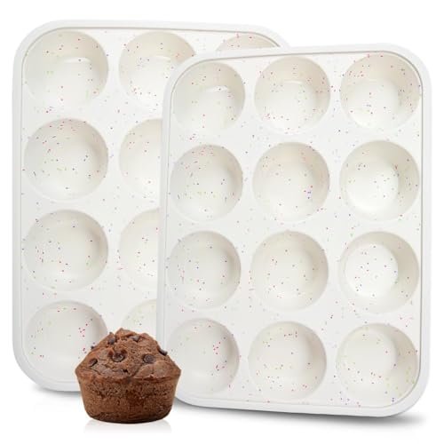 CAKETIME Silicone Muffin Pan, Metal Reinforced Frame Cupcake Pan 12 Cups Regular Size Easy to Move in or Out of Oven Non